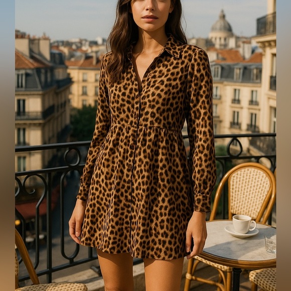 ZARA Leopard Print Button Front Mini Dress | Euro Summer Vacation Chic XS - Picture 1 of 6